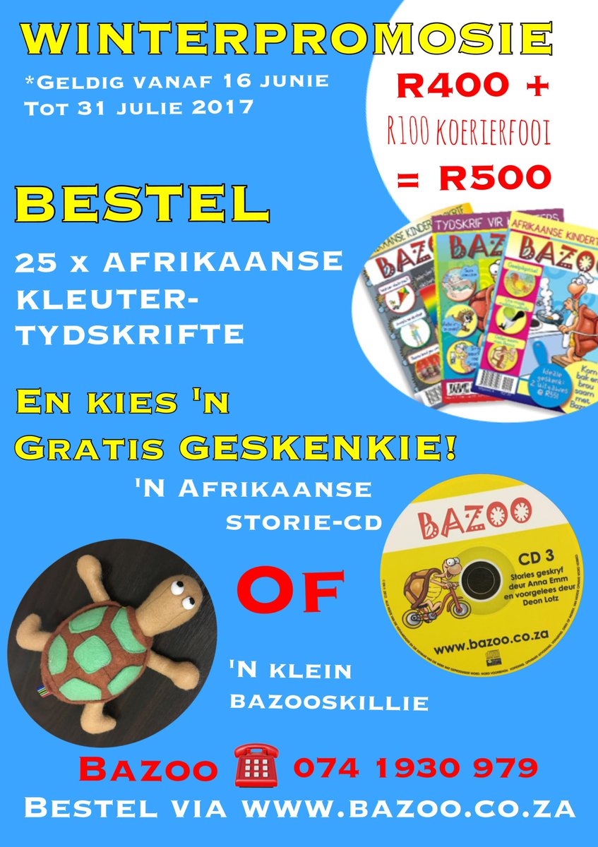 Rench7's tweet photo. Moenie @BazooSkillie se winterpromosie misloop nie! @NatalieCav @huisgenoot @KFMza @BabaenKleuter @BokRadio #afrikaans #kleuters #lees https://t.co/rgYnWkLH8x