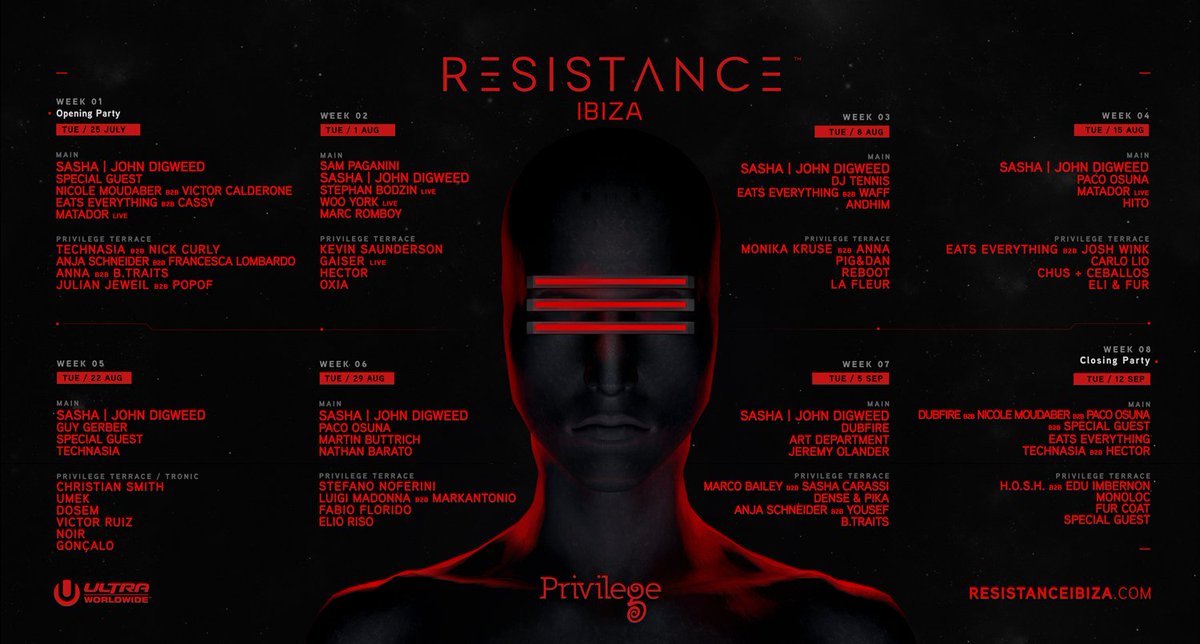 Seek an uncommon direction with us this summer at #ResistanceIbiza...

Tuesdays at <a href="/privilege_ibiza/">Privilege Ibiza</a>
25.JUL - 12.SEP

ResistanceIbiza.com