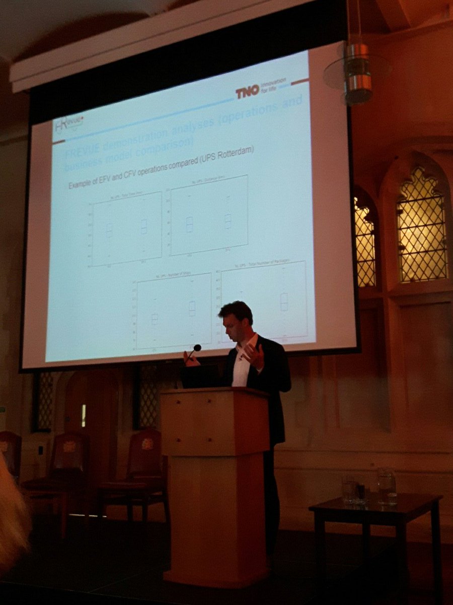FREVUE_project's tweet photo. Operations with #electricfreight vehicles is possible: same time, less km but more deliveries says @hansq0 from @TNO_nieuws at #FREVUEConf https://t.co/tYcf6FeHgi