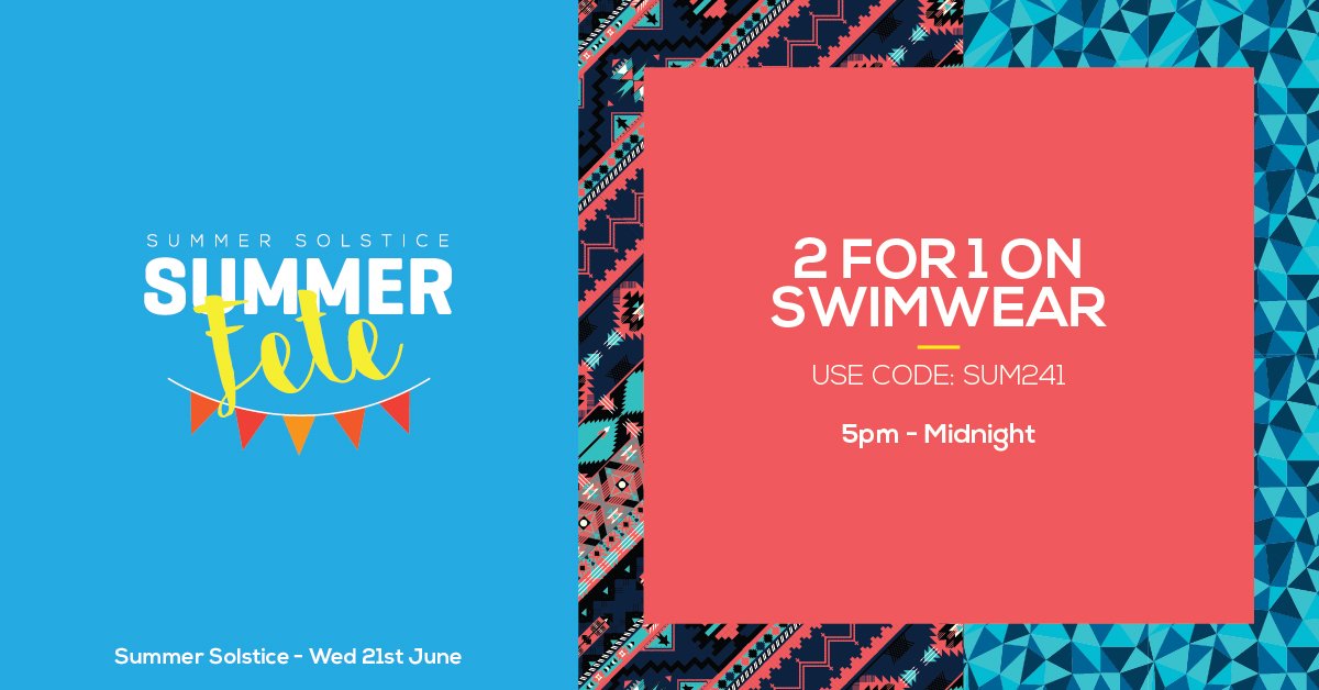 Get 241 on Swimwear. Use code SUM241. 
Better be quick - offer ends at Midnight!
Shop here > bit.ly/1TEp2x9
#SummerSolstice