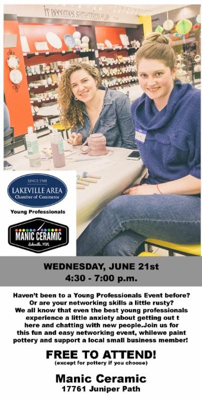 FREE Networking with the Lakeville Young Professionals TONIGHT at Manic Ceramic 4:30-7:00pm.