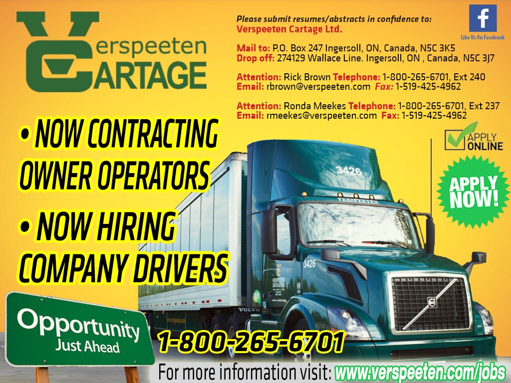Verspeeten Cartage is Now Contracting Owner Operators &amp; Hiring Fast Approved Company Drivers. Now is the perfect time to join Verspeeten.
