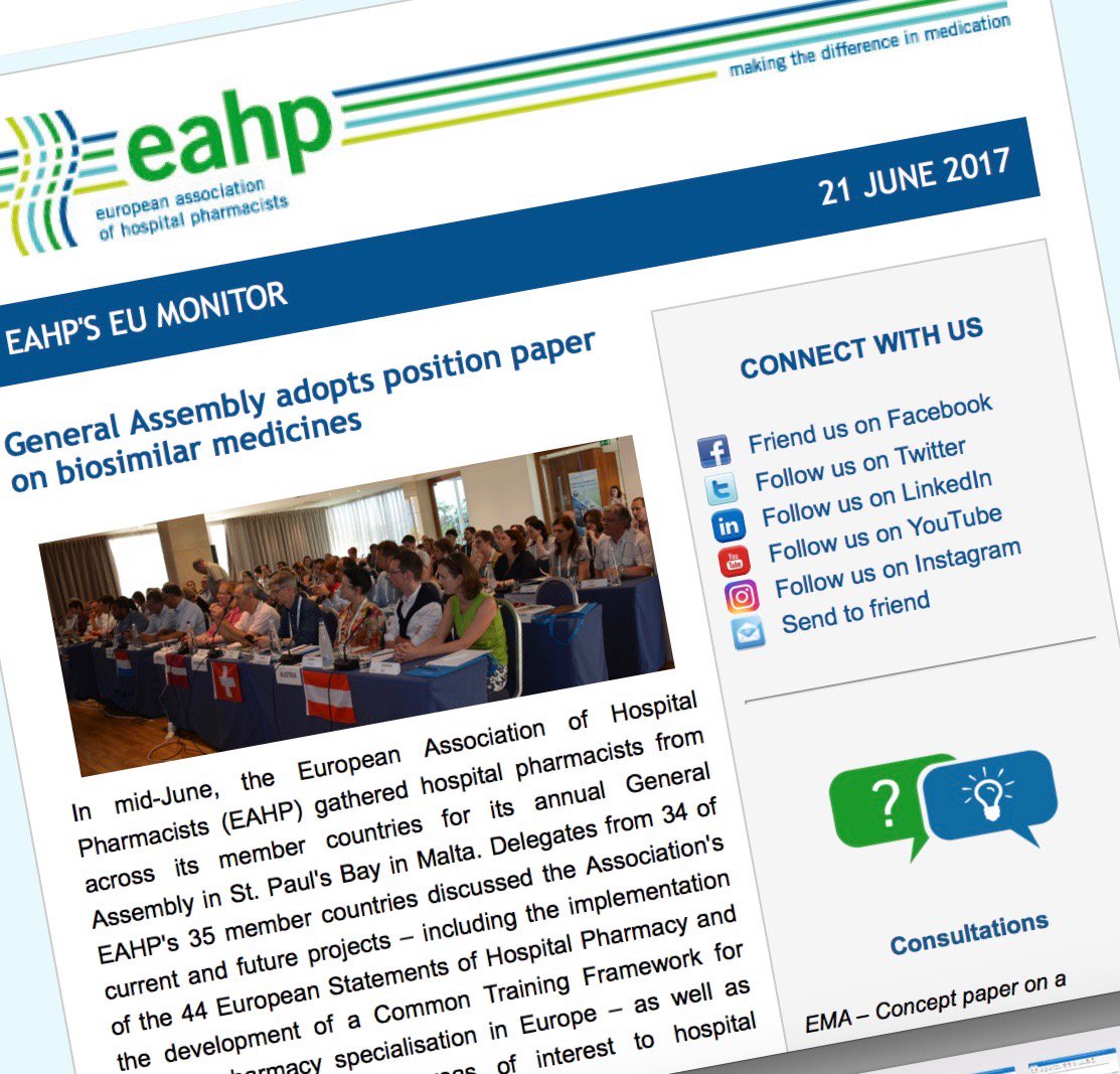 EAHPofficial's tweet photo. The new #EUMONITOR is out! Read EAHP’s position papers on #biosimilars and #eHealth + EU updates! HERE: https://t.co/XwLVatpkZV https://t.co/dMdPiTA7O0