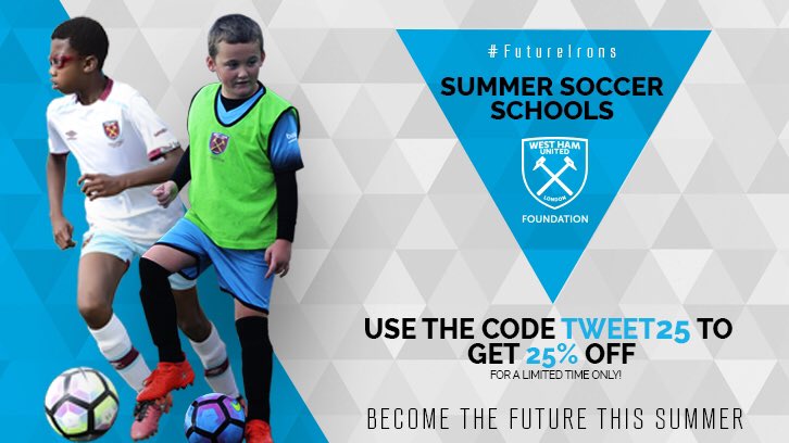 WHUFoundation's tweet photo. ⚽️☀️ Our Summer Soccer Schools are now available to book! Get your #FutureIrons signed up today and get 25% off! https://t.co/bZRoj8cADA https://t.co/8fNwHOazN7