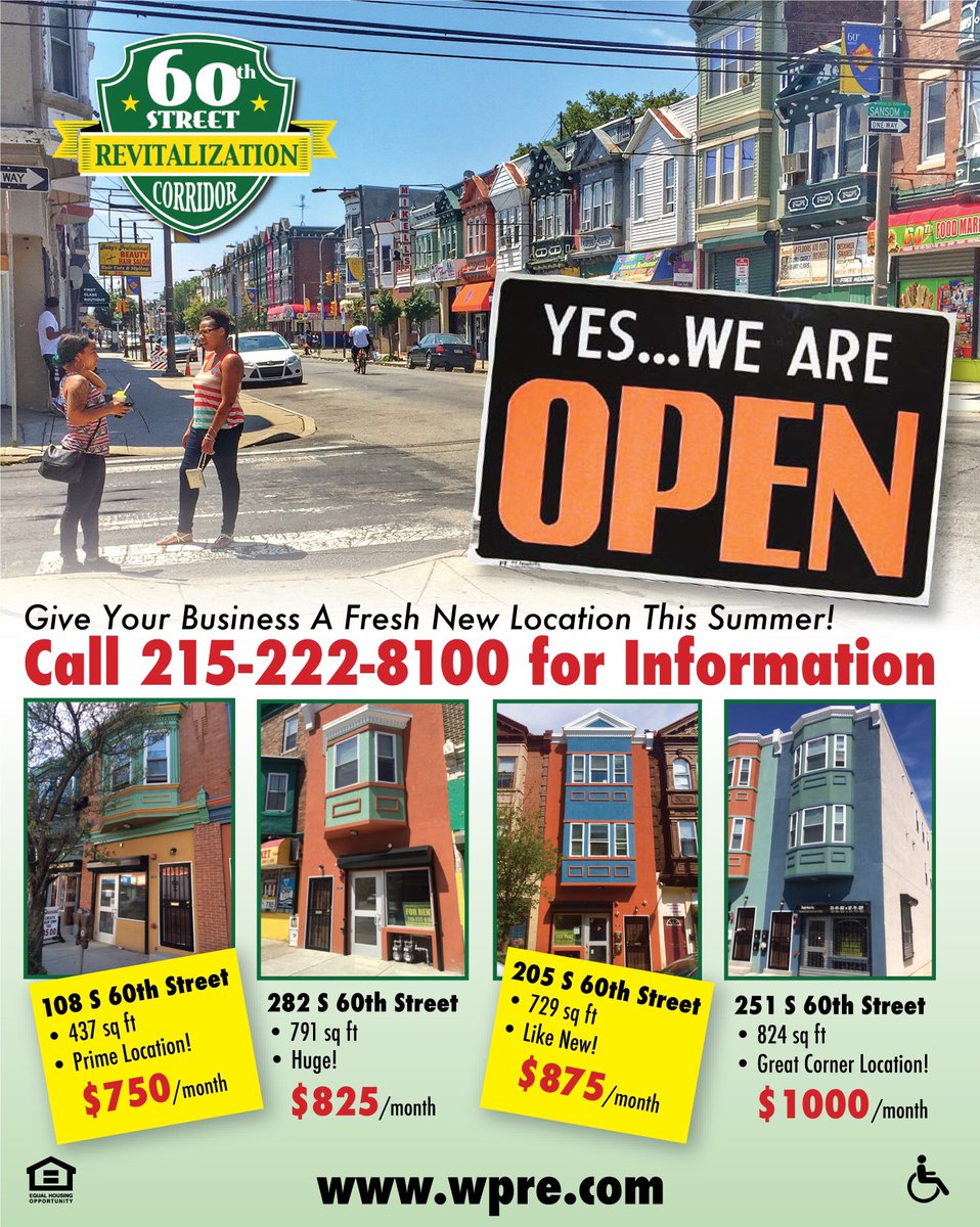 Ready to open your own business? We have 4 great locations available on up &amp; coming 60th Street in #WestPhilly. #BeYourOwnBoss #Philly