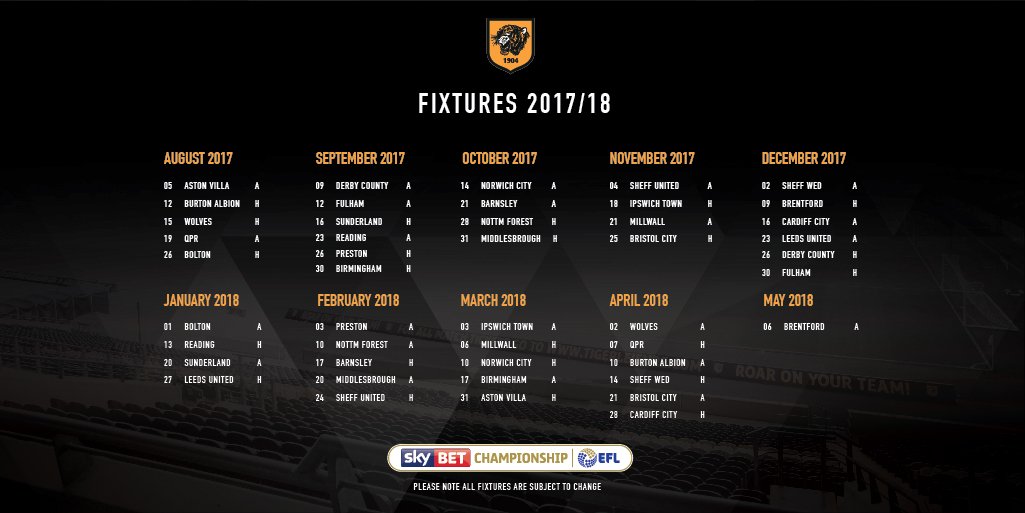 HullCity's tweet photo. 📝 | Our 2017/18 @SkyBetChamp fixtures have been announced! Full Details here ➡️ https://t.co/5eWtg9NTqe #FixtureReleaseDay https://t.co/fmD1ru5kew