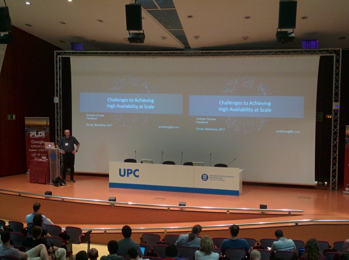 ECOOPconf's tweet photo. Keynote at #ECOOP2017: Challenges to Achieving High Availability at Scale by Wolfram Schulte #BCN2017 https://t.co/q8obi1T0CI