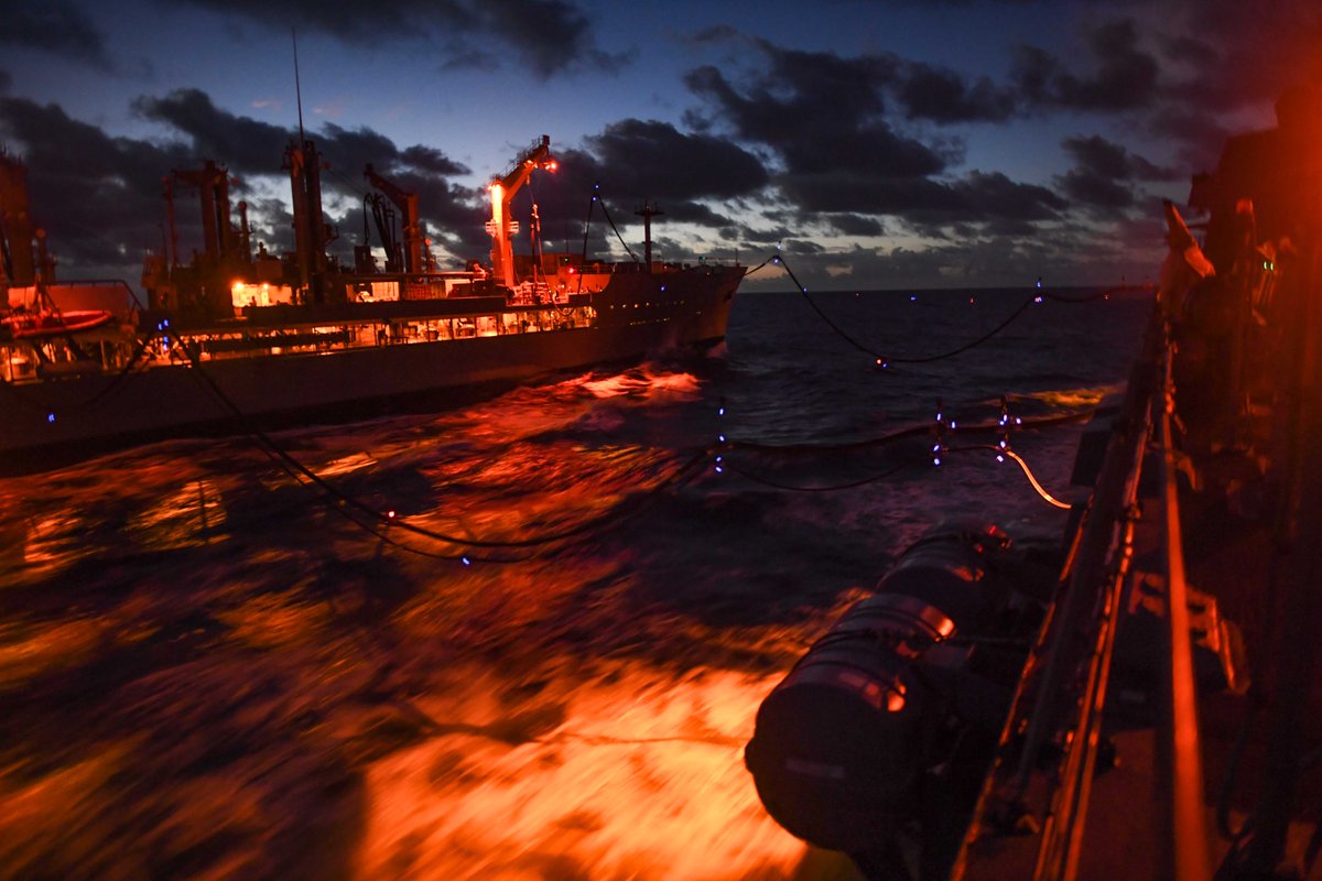 The #USNSYukon fleet replenishment oiler is underway alongside the #USSKidd during a @USNavy replenishment-at-sea.