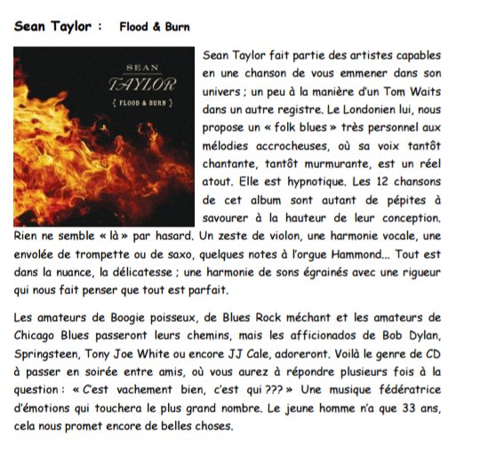 SeanTaylorsongs's tweet photo. Great review of #FloodAndBurn @ Blues Alive 'aficionados of Bob Dylan, Springsteen, Tony Joe White or even JJ Cale will adore'' @ordafrance https://t.co/uay0q0ZP9Y