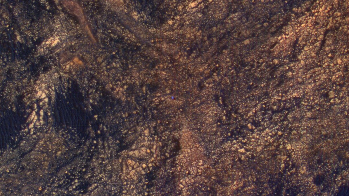 Cmdr_Hadfield's tweet photo. That tiny blue thing is ... on Mars. Our wee @MarsCuriosity rover, seen from an orbiting satellite. We are amazing. https://t.co/T1MgQQGRDY https://t.co/Nnyj1CzX4Y