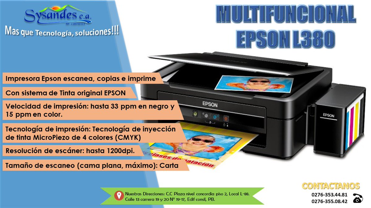 sysandes's tweet photo. Adquierela ya en #Sysandes #impresora multifuncional Epson L380 escanea, imprime y saca copias en alta calidad. https://t.co/SYiYl2ZhNI
