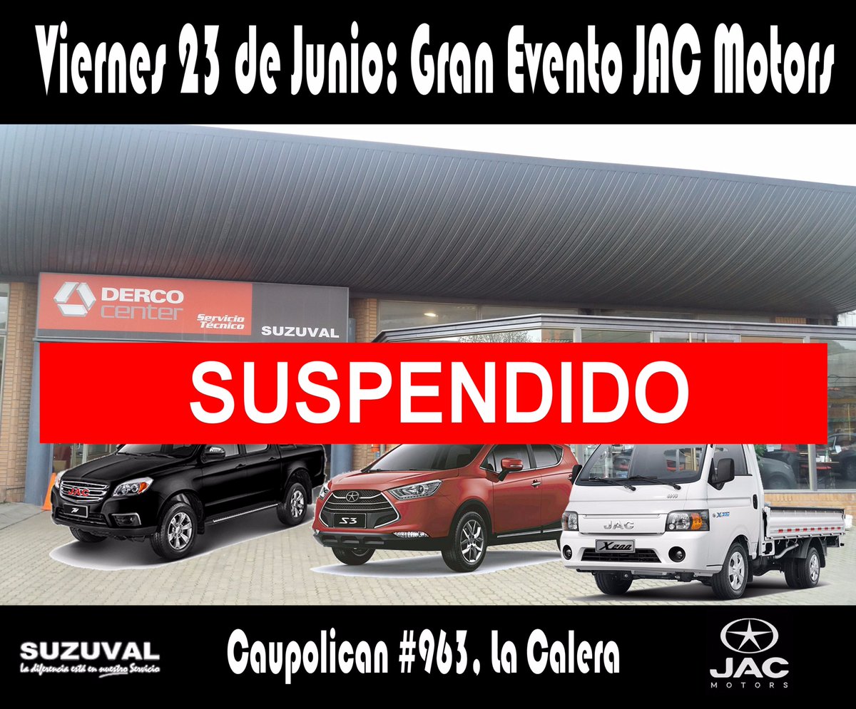 MauR0X's tweet photo. Estimados, se suspende el Evento del 23/06 #JAC por altas probabilidades de Lluvia #Suzuval @DercoCenter #Amicar 😢 https://t.co/F9vwYiTdmP
