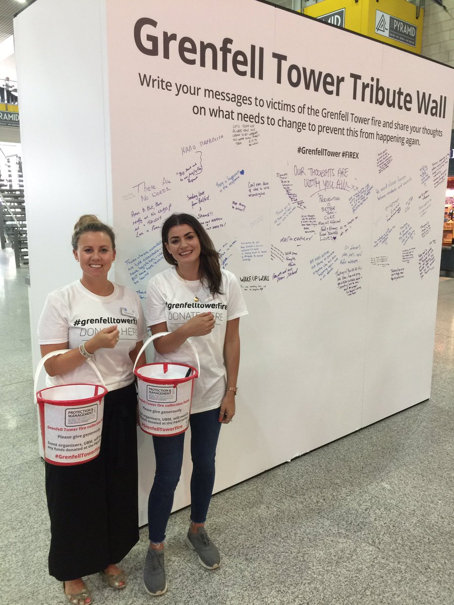 FIREXIntl's tweet photo. We're still collecting for the #GreenfellTowerFire fund, with @ubm, matching donations at #FIREX17. You can also write on our tribute wall. https://t.co/Lsumof8J6b