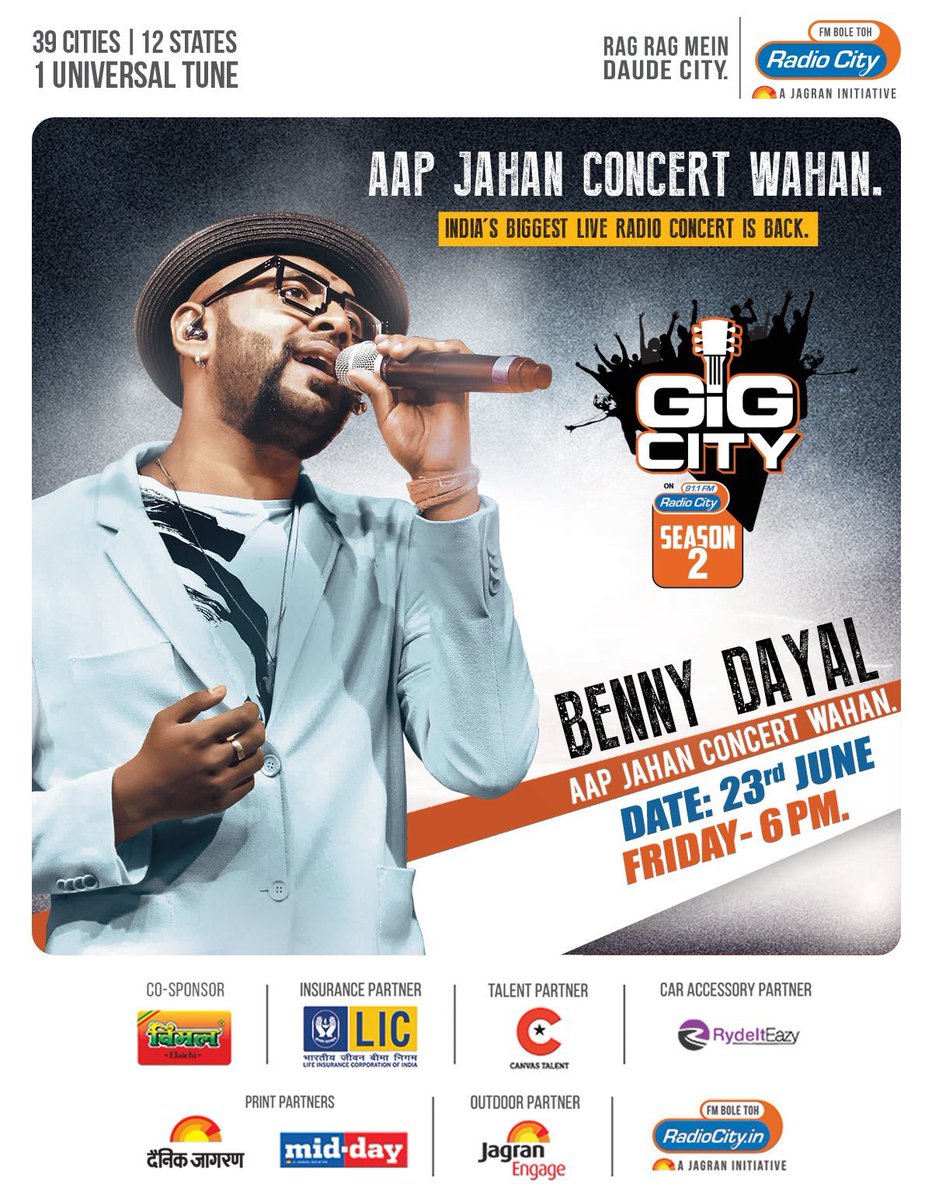 mcmmlive's tweet photo. One of the finest voice of the country goes live with his #GigCity concert up next on @radiocityindia! All the best @benny_dayal https://t.co/E7eyJMipYY
