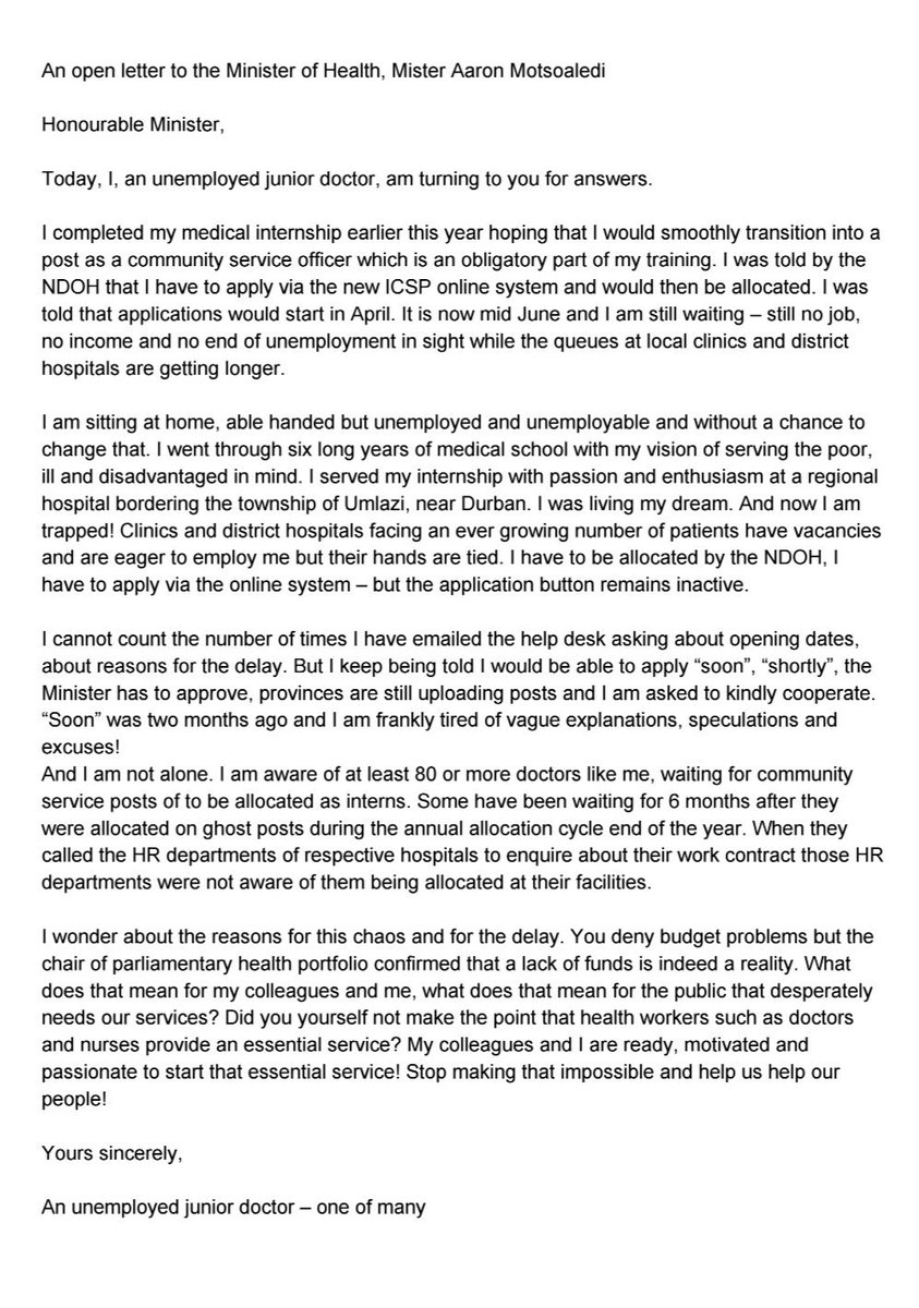drprim_sherwin's tweet photo. I received from a colleague, an unemployed doctor. DoH listen to us!!! Hear our cries!! #unemployeddoctor #heldforransom #shackledbythestate https://t.co/kM0hCLR91R
