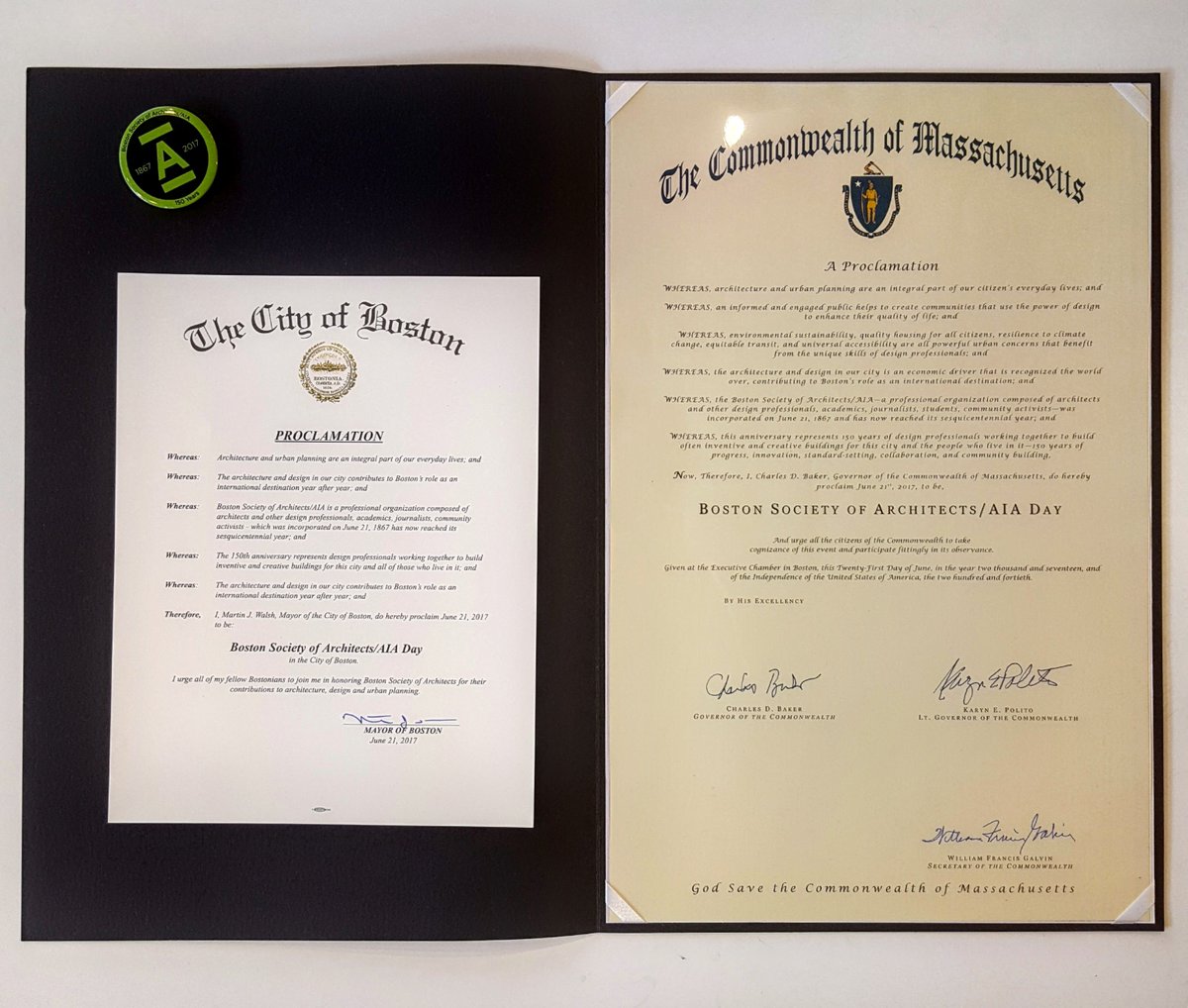 BSAAIA's tweet photo. .@CityOfBoston &amp; @MassGov proclaim June 21, 2017 as the Boston Society of Architects/AIA Day! @CharlieBakerMA @marty_walsh https://t.co/dH2RpbQs0O
