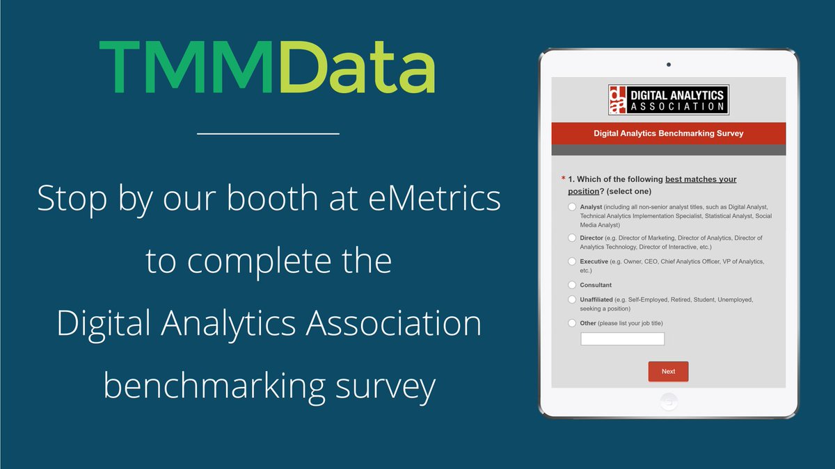 tmmdata's tweet photo. Seeking #analysts for @DAAorg #Analytics Survey. 25 questions, 5-10 min. Take it at #eMetrics or online at https://t.co/PGnbjTCQrp #measure https://t.co/A723sWO9FQ