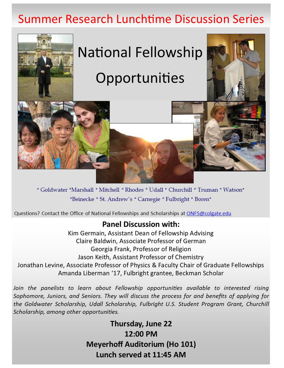 ONFSColgate's tweet image. Tomorrow! Lunchtime panel on fellowships, noon in 101 Ho. @colgateuniv