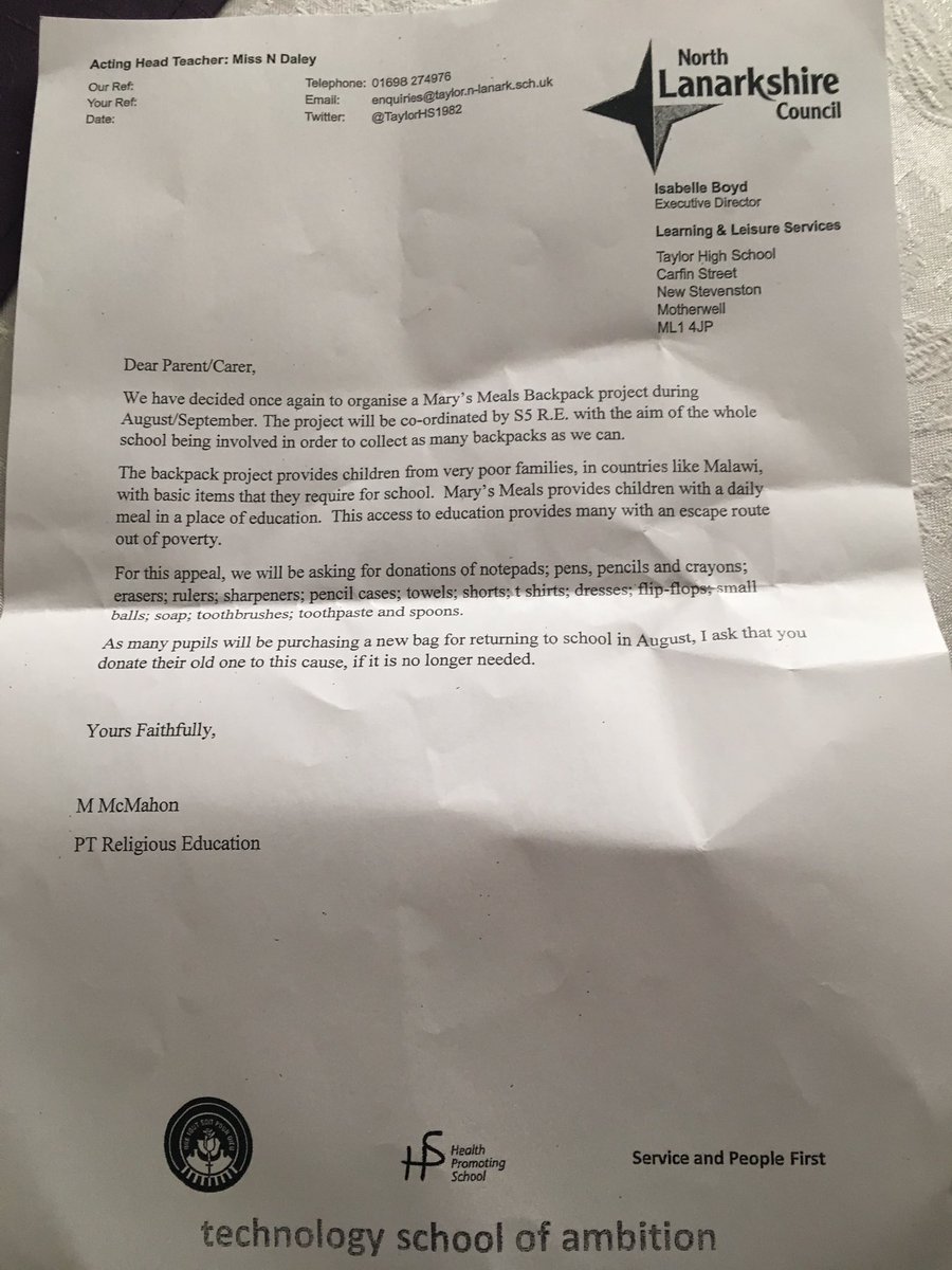 TaylorHS1982's tweet photo. The @MarysMeals letter issued today by the RE Dept appealing for items for the #backpackappeal #NoGreaterLove https://t.co/hOhWrb3os6