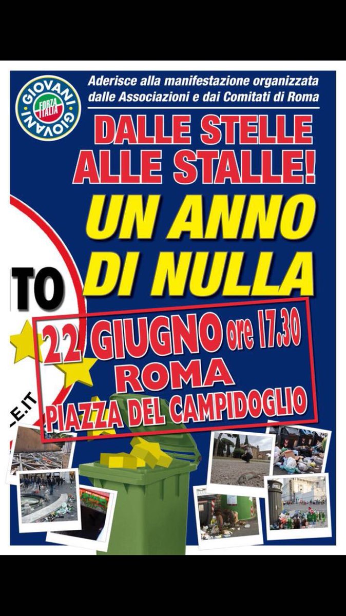 CalabriaTw's tweet photo. Domani anche @FI_Giovani a manifestazione 'Dalle stelle alle stalle' a #Roma.Dopo un anno di @virginiaraggi,#Capitale è preda del degrado https://t.co/JFD0pVESKg