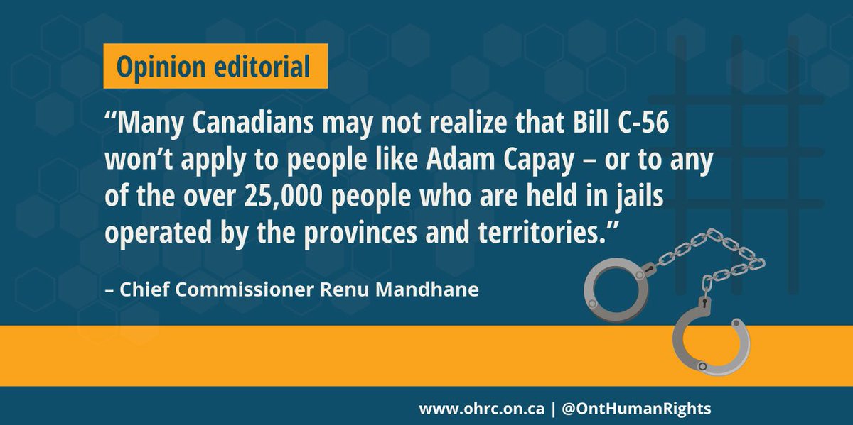 OntHumanRights's tweet photo. Solitary confinement: Our Chief Commissioner @RenuMandhane on Bill C-56 @globeandmail. Read and share: https://t.co/GPhJLVnk9p #AdamCapay https://t.co/cz3mH8aHp1