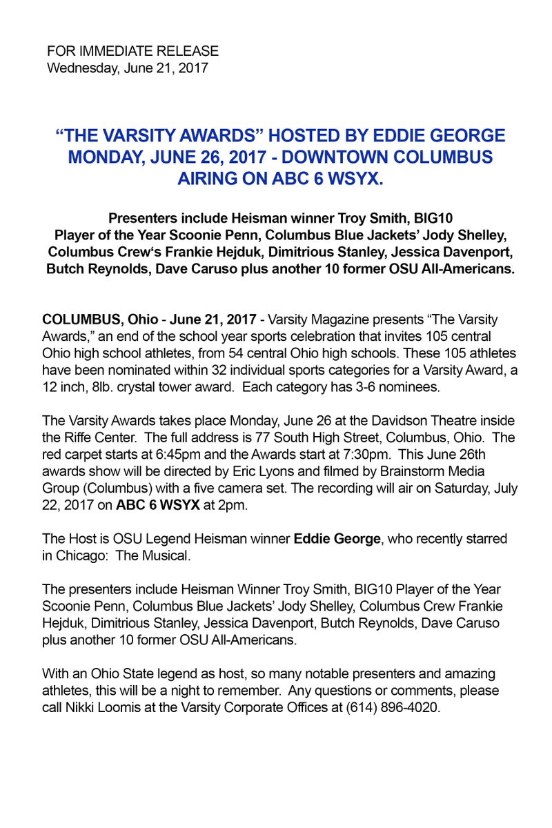 Gamebreaker614's tweet photo. Press Release for The Varsity Awards!  With so many Buckeye presenters... a guaranteed night to remember. @EddieGeorge2727 @OhioStAthletics https://t.co/wvPznENjit