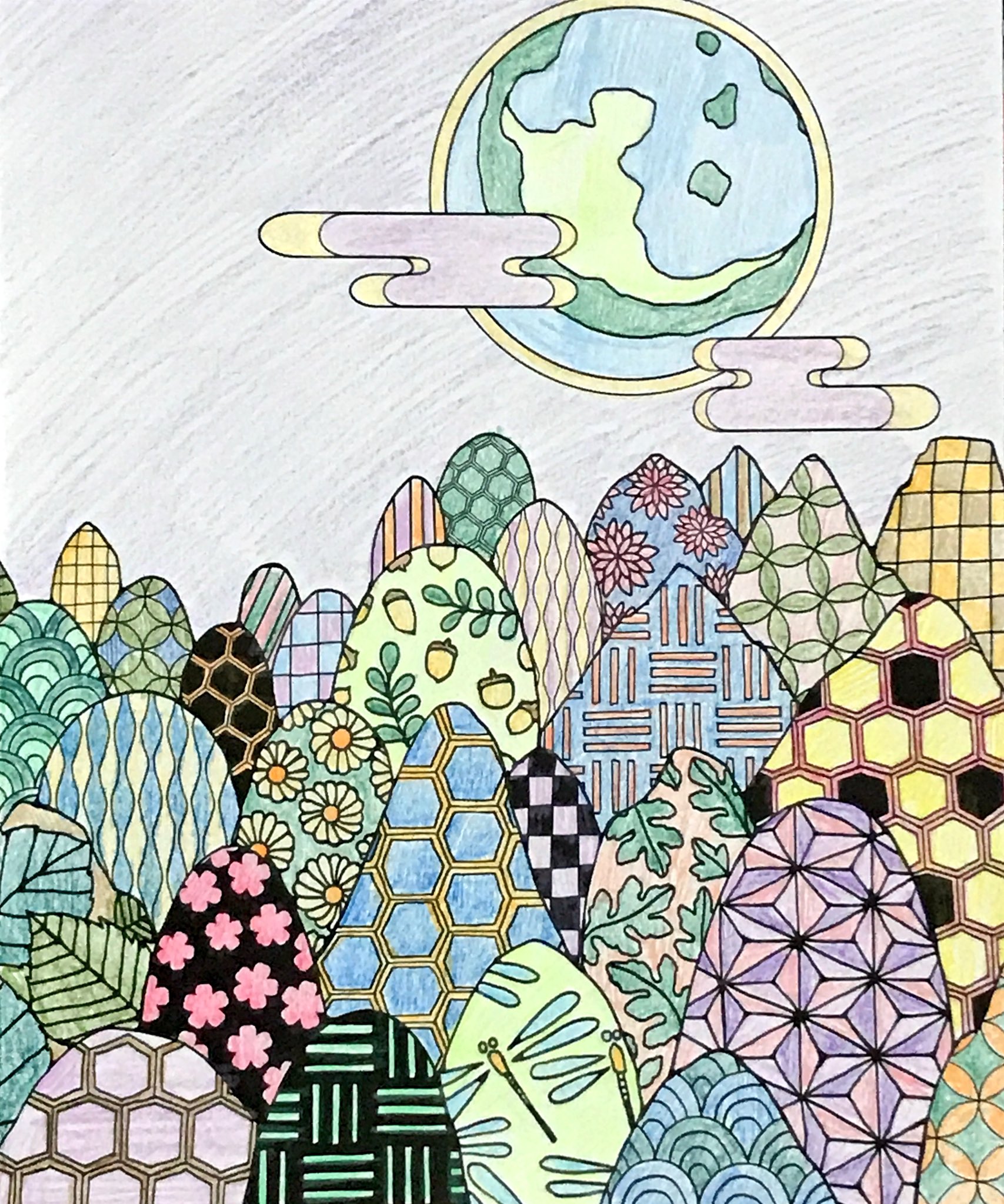 あいねたそ 月 山 割付文様 草花 とんぼ 空の紫をもっと厚く塗ればよかったな 3 Z 塗り絵 色鉛筆 自律神経を整える塗り絵 少しでもいいなと思ったらrt 1mmでもいいなと思ったらrt T Co Toptnyazlh Twitter