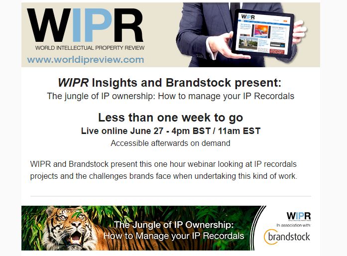 WorldIPReview's tweet photo. WIPR Insights & @BRANDSTOCK_AG present:
The jungle of #IP ownership: How to manage your #IPRecordals Sign up here: https://t.co/O4DZ1UsJL9 https://t.co/Rs95Q7Cddn
