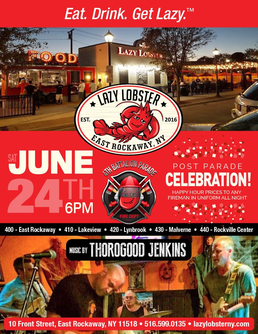 LazyLobsterNY's tweet photo. Parade on 6/24 for 4th Battalion firefighters! Happy hour specials for firefighters in uniform. https://t.co/ESbIi8wNOf #GetLazy #ourheros https://t.co/GMMIKB97nn
