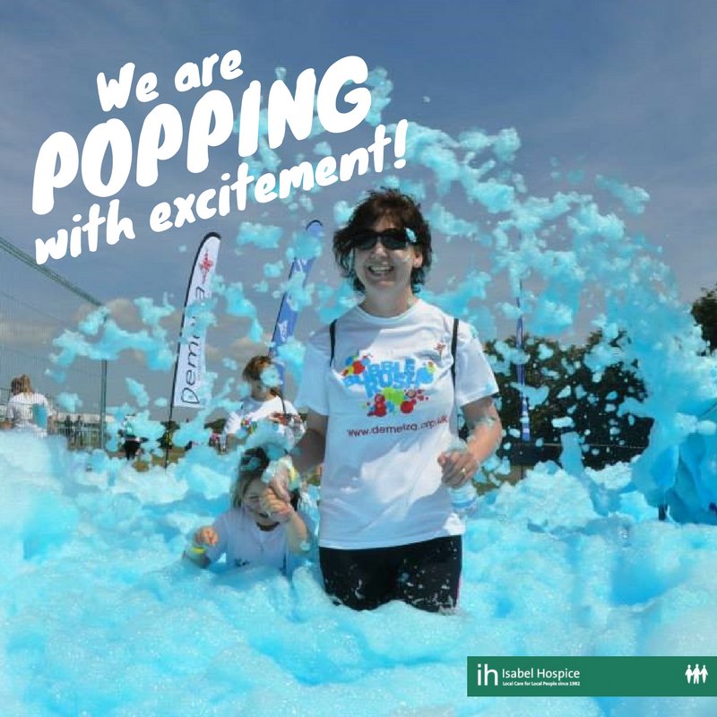 IsabelHospice's tweet photo. @oh_runners @bsrc_org_uk @WareJoggers Join us for the first #BubbleRush to hit east Herts! A 5k of foam fun 16 July https://t.co/VwoPPAQ10T https://t.co/f4LGe8Nds0