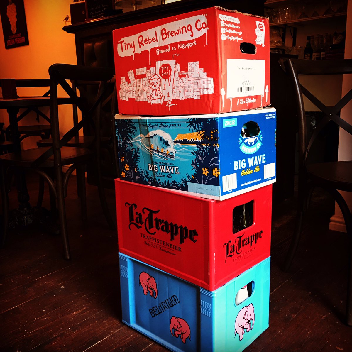 Now at Lestveldter's...

Fubar by Tiny Rebel
Big Wave by Kona
Trappist Blond by La Trappe
La Guillotine by Delirium