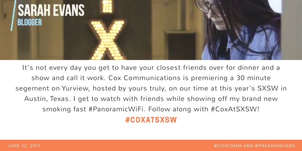 prsarahevans's tweet photo. I'm giving away an @amazonecho w/ @CoxComm Thurs., Jun. 22 b/t 7-8p PT during the friends screening of my @Yur_View #coxatsxsw segment! https://t.co/NCgdlUNWQb