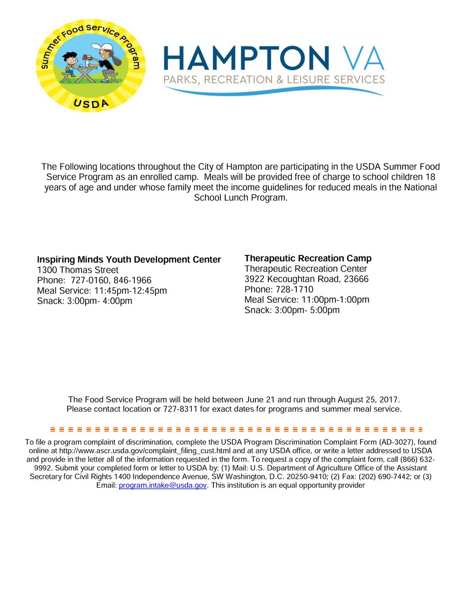 FREE <a href="/HamptonPRLS/">Parks, Rec & LS</a> USDA Summer Food Service Programs (some sites offer dinner):