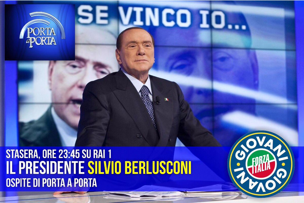fi_giovani's tweet photo. Tutti sintonizzati h.23.45! Il nostro #UnicoLeader il #PresidenteSilvioBerlusconi interviene a @RaiPortaaPorta @AngieCalabria @forza_italia https://t.co/zNJiCR6tkE