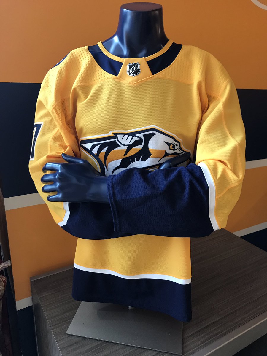 PredsNHL's tweet photo. Come see the #Preds new @adidashockey jersey for yourself at the @PredsProShop! They are now taking pre-orders for home jerseys 😼 https://t.co/y0tH7st9oT