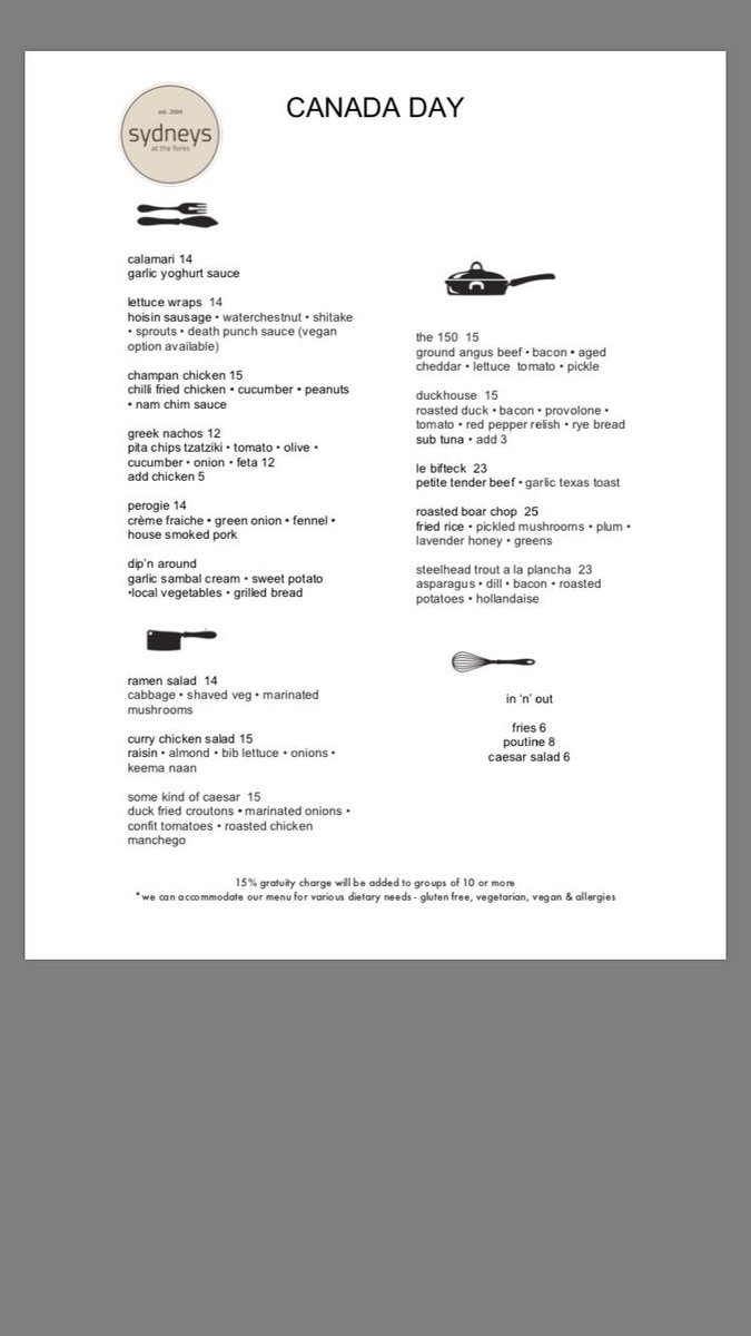 SydneysAtForks's tweet photo. Canada Day is next weekend!
We've got 2 special menus for that day:) #candadaday150 #meetmeattheforks #guiltfreefinedining #forksmarket https://t.co/j5Gi3bdf3L