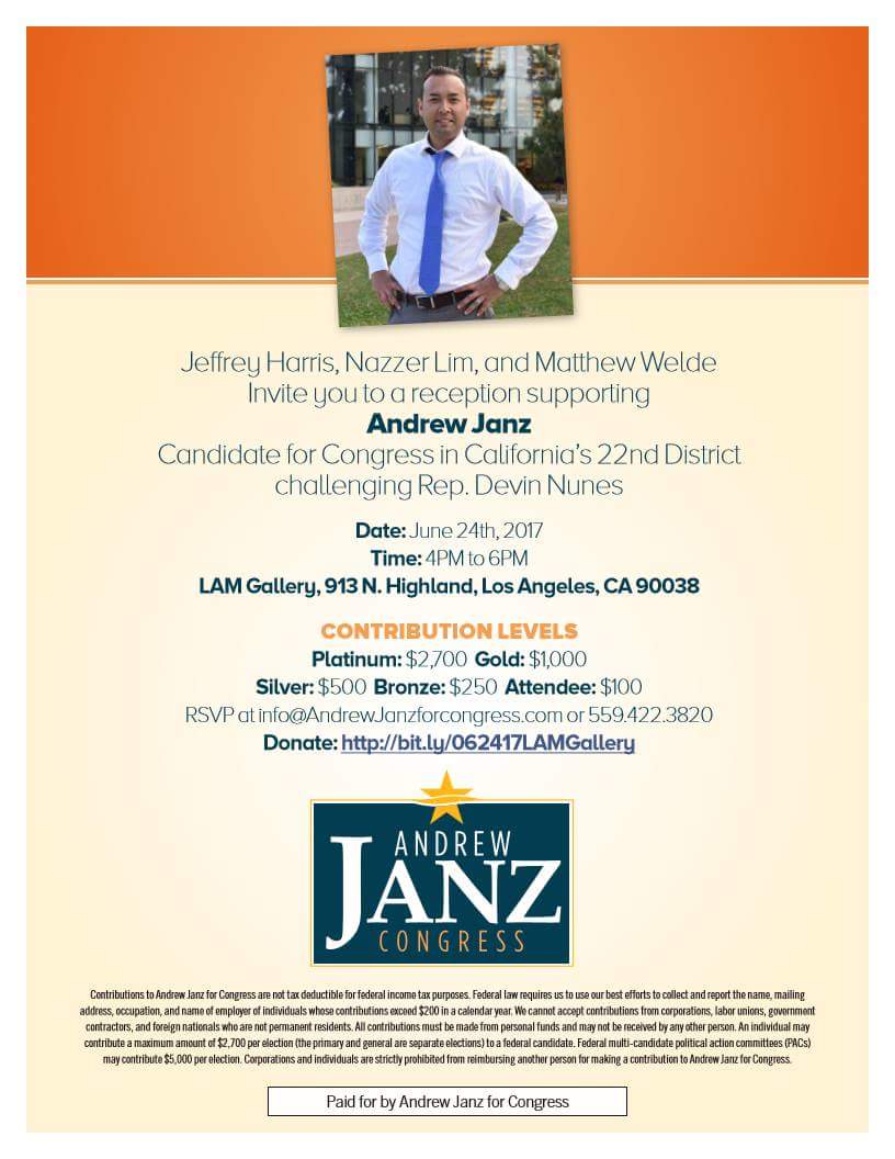LogicsPolitics's tweet photo. @JanzforCongress holding a fundraising event outside of central vally, just like @DevinNunes 

Los Angeles money in #CA22 politics? https://t.co/SXfYgdk1gq