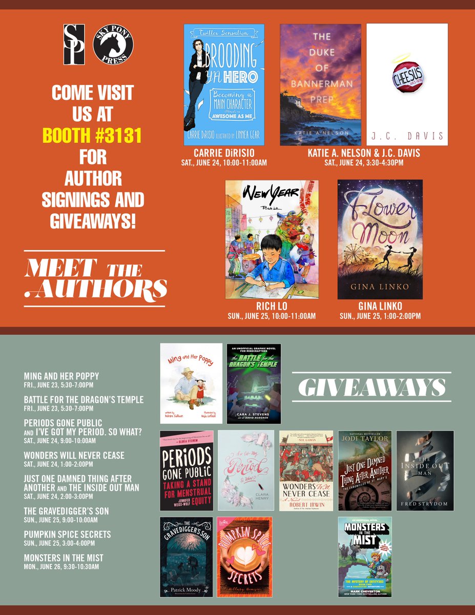 skyhorsepub's tweet photo. The #official #alaac17 schedule for our #exclusive #authorsignings and #giveaways is finally here! See you at Booth # 3131 #bookish #authors https://t.co/e1KliFNn4v