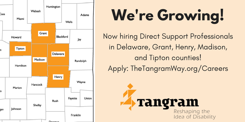TheTangramWay's tweet photo. Tangram is expanding services in IN. #NowHiring DSPs in Delaware, Grant, Henry, Madison, &amp; Tipton counties. Apply: https://t.co/miKMuDMs4k https://t.co/AWawxv9RGj