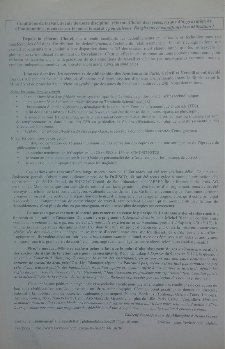 idfphilo's tweet photo. Tract distribué avant les réunions d'entente des correcteurs de philosophie des académies de Paris, Créteil et Versailles #BacPhilo https://t.co/wmfoJoS6Mo