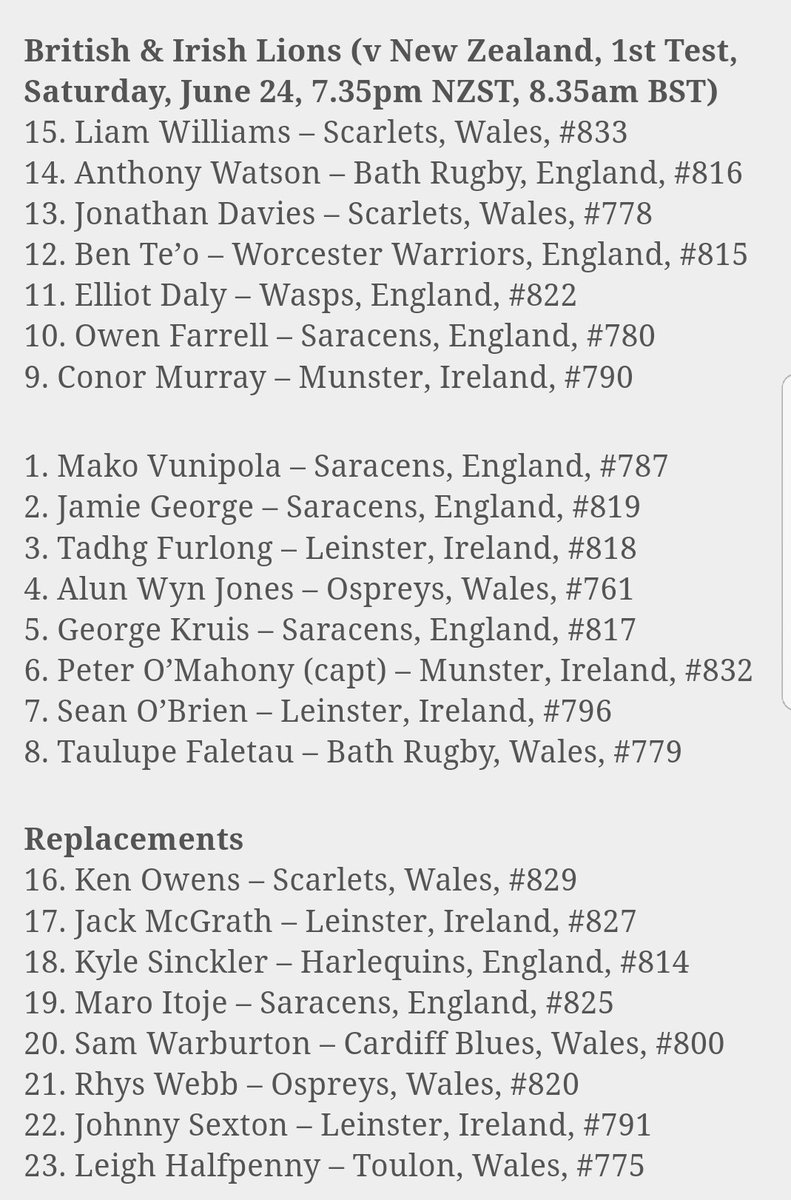 Rugbyworldmag's tweet photo. Here's your Lions 23 to face the All Blacks. Liam Williams and Elliot Daly in. Peter O'Mahony captain. What do you you think? https://t.co/HG0uJFZ9x0