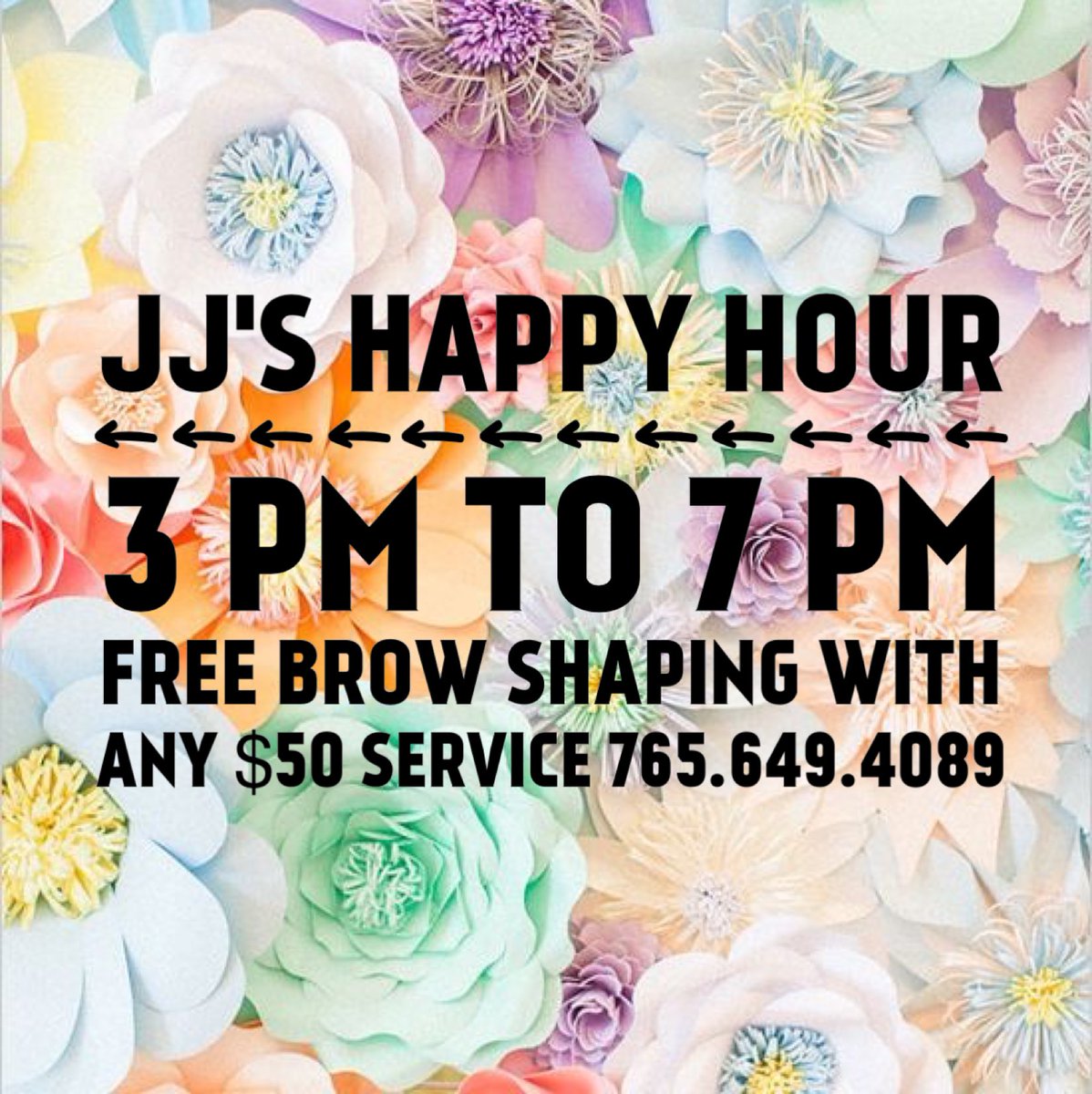 JJs_Anderson's tweet photo. Happy Hour at JJs! Free #browshaping w/ any $50 service. #spatime #jjshair #waxtime #happyhour 765.649.4089 https://t.co/r3uYkqOYKc