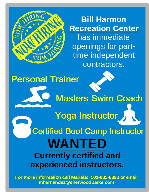 SherwoodRecruit's tweet photo. The Bill Harmon Recreation Center has immediate openings for part-time independent contractors. https://t.co/rUt0sygOmN