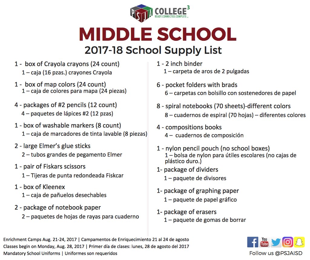 Psja Isd On Twitter Check Out The 2017 18 School Supply Lists For Psja Elementary And Middle School Students Psja Supply List 2022