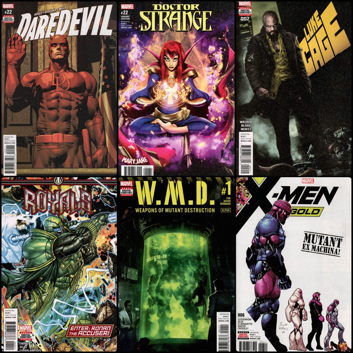 kittystavern's tweet photo. My #Marvel #Superhero #NewComicBookDay picks today #Daredevil #DoctorStrange #LukeCage #Royals #WeaponsOfMutantDestruction #XMenGold #ncbd https://t.co/IDXgpSkN2k