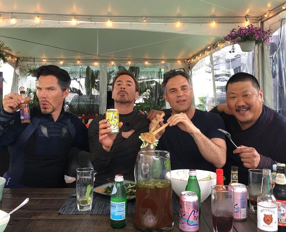MarkRuffalo's tweet photo. Doing normal things with my not so normal Avengers brothers! This is not a La Croix ad. @RobertDowneyJr @wongrel https://t.co/gClz9bMDC4