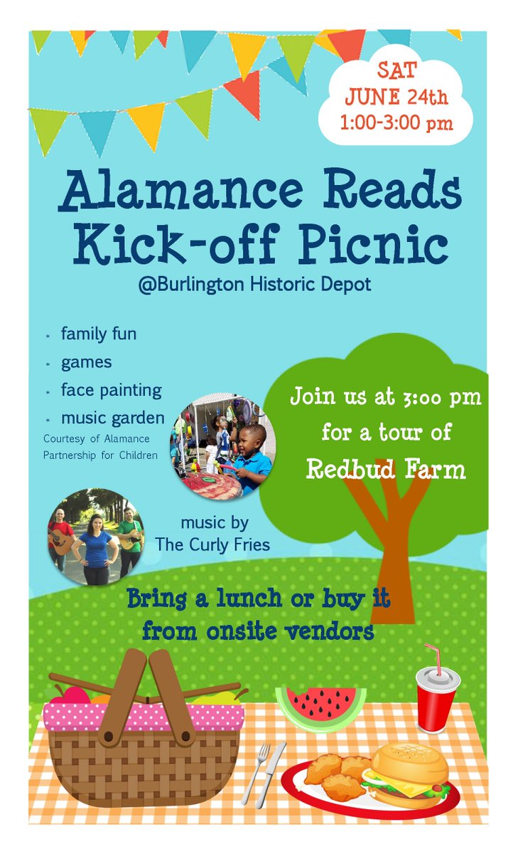 ACLibraries's tweet photo. Alamance Reads Family Picnic at the Burlington Historic Depot. Saturday, June 24th @ 1:00 p.m. followed by the Redbud Farm Tour @ 3:15 p.m. https://t.co/Hsnx2acCUJ