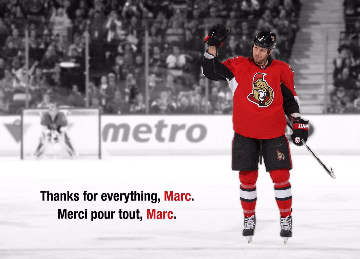 Senators's tweet photo. A big #Sens thank you to Marc Methot. We wish you all the best, Marc. Your contributions both on &amp; off the ice made our city a better place. https://t.co/6N9CIwEWR7