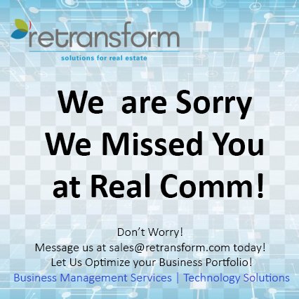 retransform's tweet photo. Didn't meet @retransform at @REALCOMMtweet? Don't worry! Message us at sales@retransform.com today!
#RESolutions #RETechnology #REService https://t.co/PBFgXpy4Tb