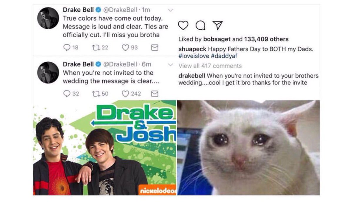 _chachi's tweet photo. Apparently, Drake Bell was not invited to Josh Peck's wedding. And if that doesn't define the end of my childhood, then idk what does. https://t.co/GGlzinSlCH